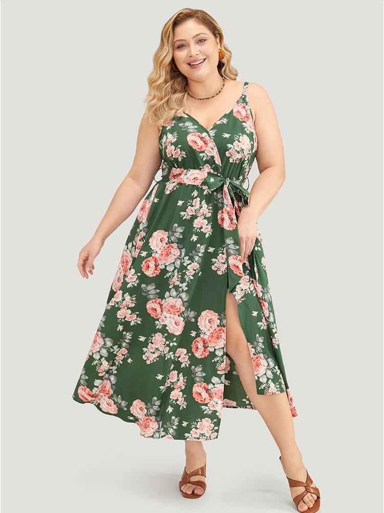 Floral Print Wrap Split Flutter Hem Belted Cami Dress – BloomChic