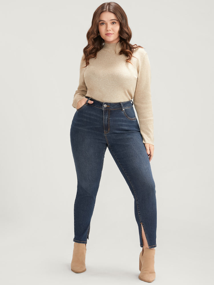 Mom Jeans Skinny Moderately Stretchy High Rise Medium Wash Split Jeans