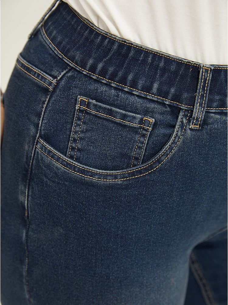 Very Stretchy High Rise  Dark Wash Beaded Detail Cropped Jeans