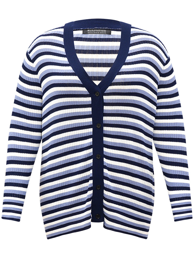 Contrast Striped Rib Knit Button Through Cardigan