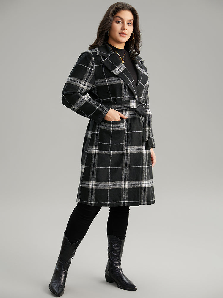 Lapel Collar Plaid Belted Contrast Coat