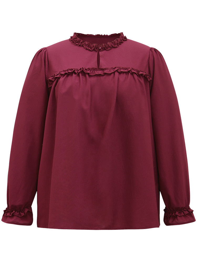 Solid Frill Trim Puff Sleeve Blouse