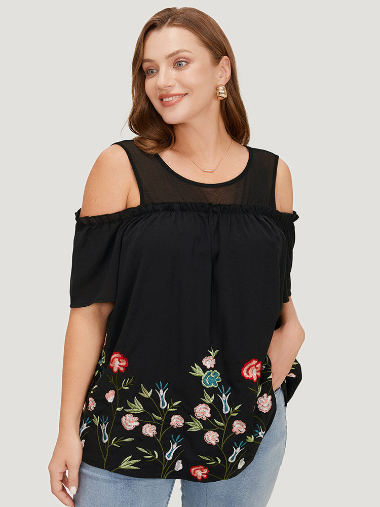 Floral Embroidered Frill Trim Cold Shoulder Blouse – BloomChic