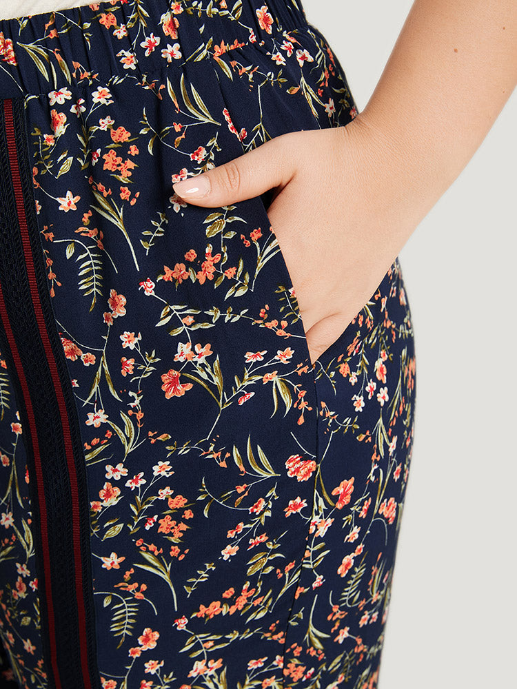 Ditsy Floral Pocket Elastic Waist Ties Patchwork Pants