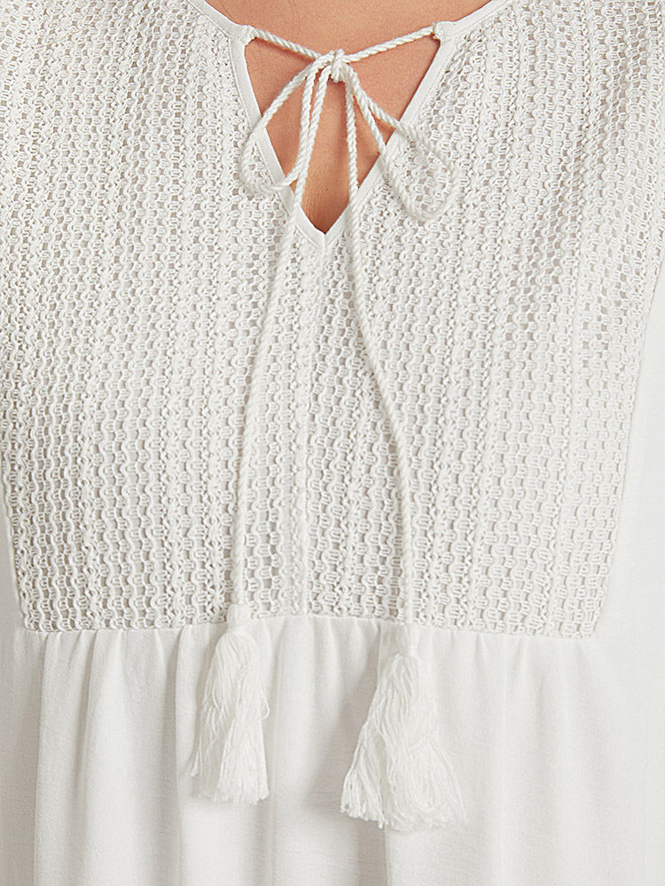 Solid Pocket Ties Tassels Bell Sleeve Dress