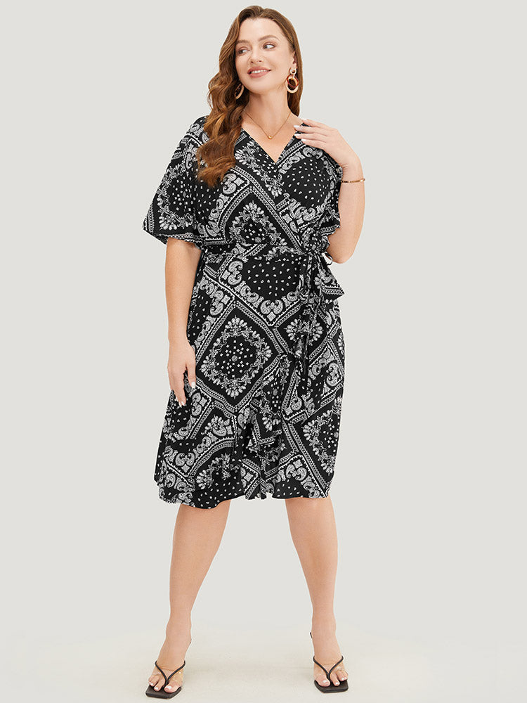 Paisley Print Pocket Belted Wrap Flutter Sleeve Dress