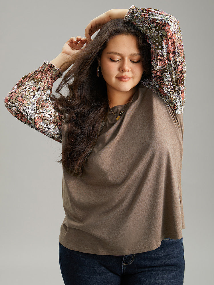 Floral Print Shirred Cuffs Ruffle Trim T-shirt