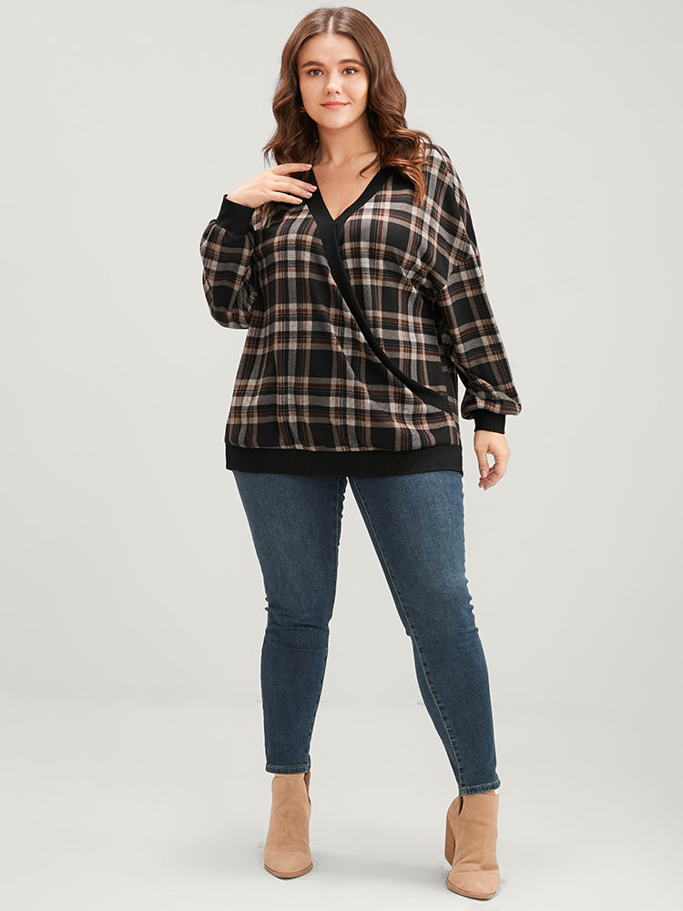 Contrast Trim Lantern Sleeve Tartan Wrap Sweatshirt