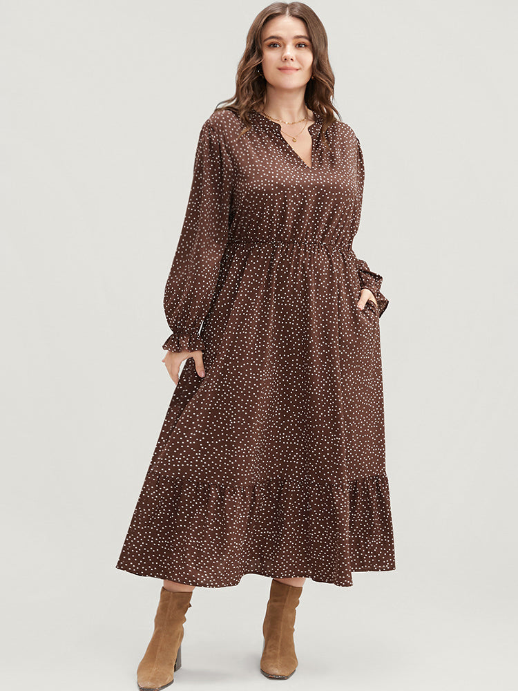 Polka Dot Pocket Lantern Sleeve Flutter Hem Dress