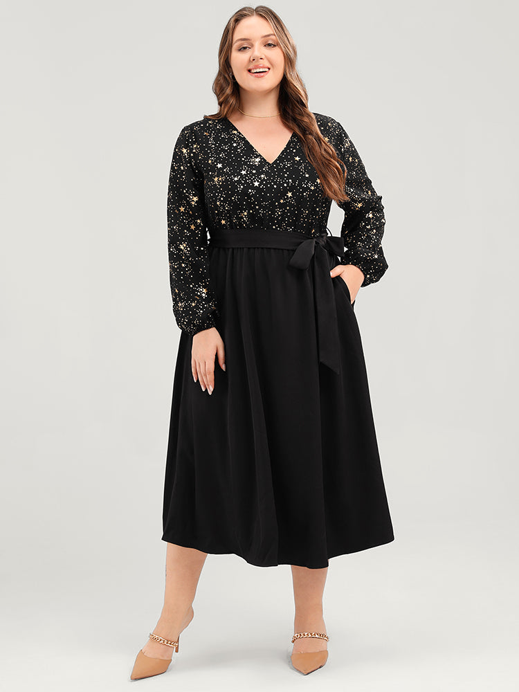 Star Print V Neck Pocket Lantern Sleeve Belted Midi Dress