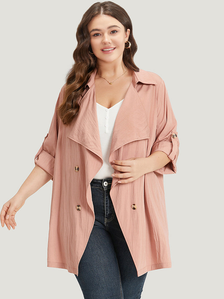 Plain Lapel Collar Asymmetrical Tab Sleeve Trench Coat