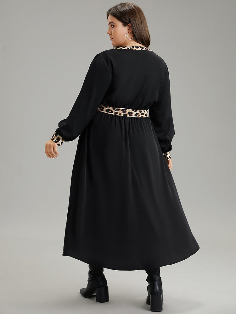 Leopard Patchwork Pocket Belted Notched Dress