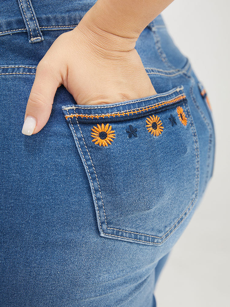 Very Stretchy High Rise Medium Wash Floral Embroidered Jeans