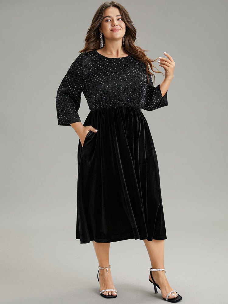 Rhinestone Patchwork Velvet Elastic Waist Dress