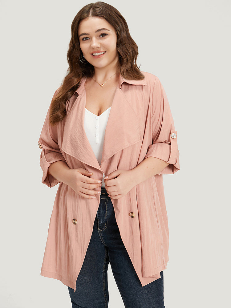 Plain Lapel Collar Asymmetrical Tab Sleeve Trench Coat