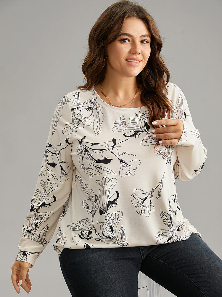 Crew Neck Silhouette Floral Print Basic T-shirt