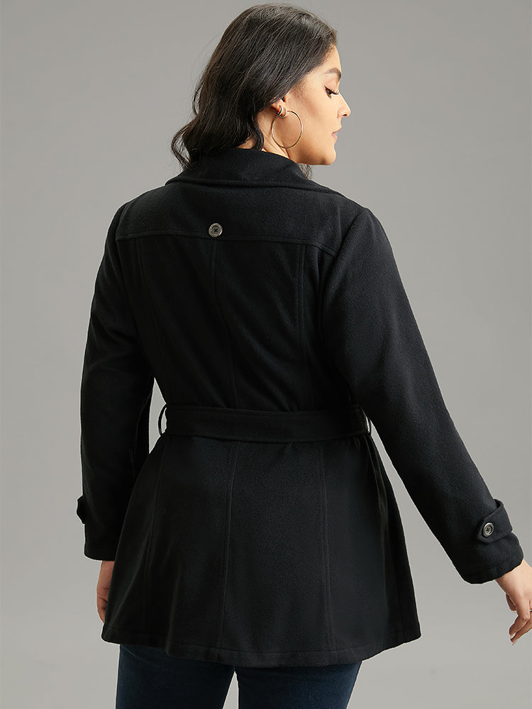 PU Leather Patchwork Lapel Collar Double Breasted Belted Coat