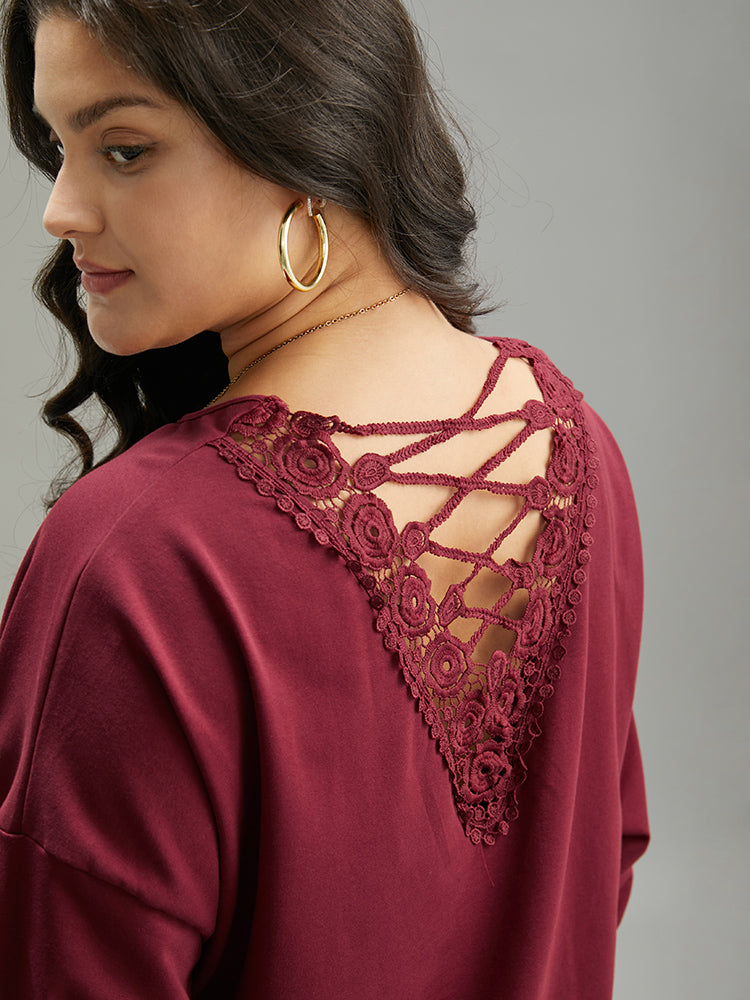 Plain Guipure Lace Crisscross Cut Out Sweatshirt