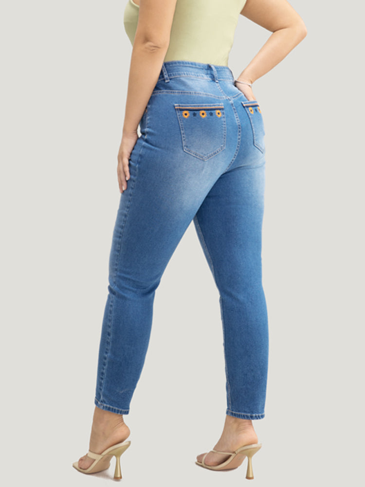 Very Stretchy High Rise Medium Wash Floral Embroidered Jeans