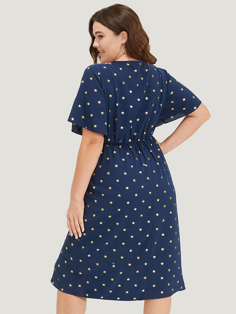 Star Wrap Ties Pocket Ruffle Sleeve Dress