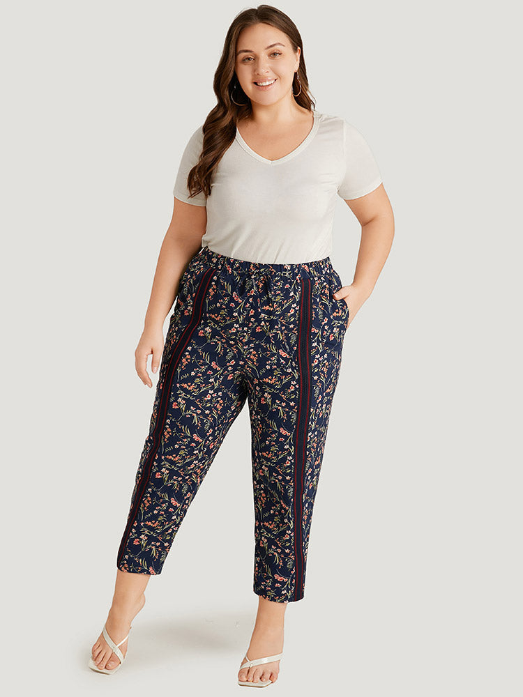 Ditsy Floral Pocket Elastic Waist Ties Patchwork Pants