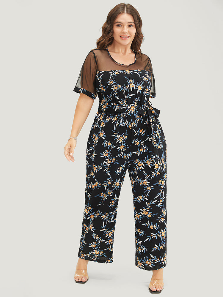 Floral Mesh Patchwork Crew Neck Pocket Belted Jumpsuit – BloomChic