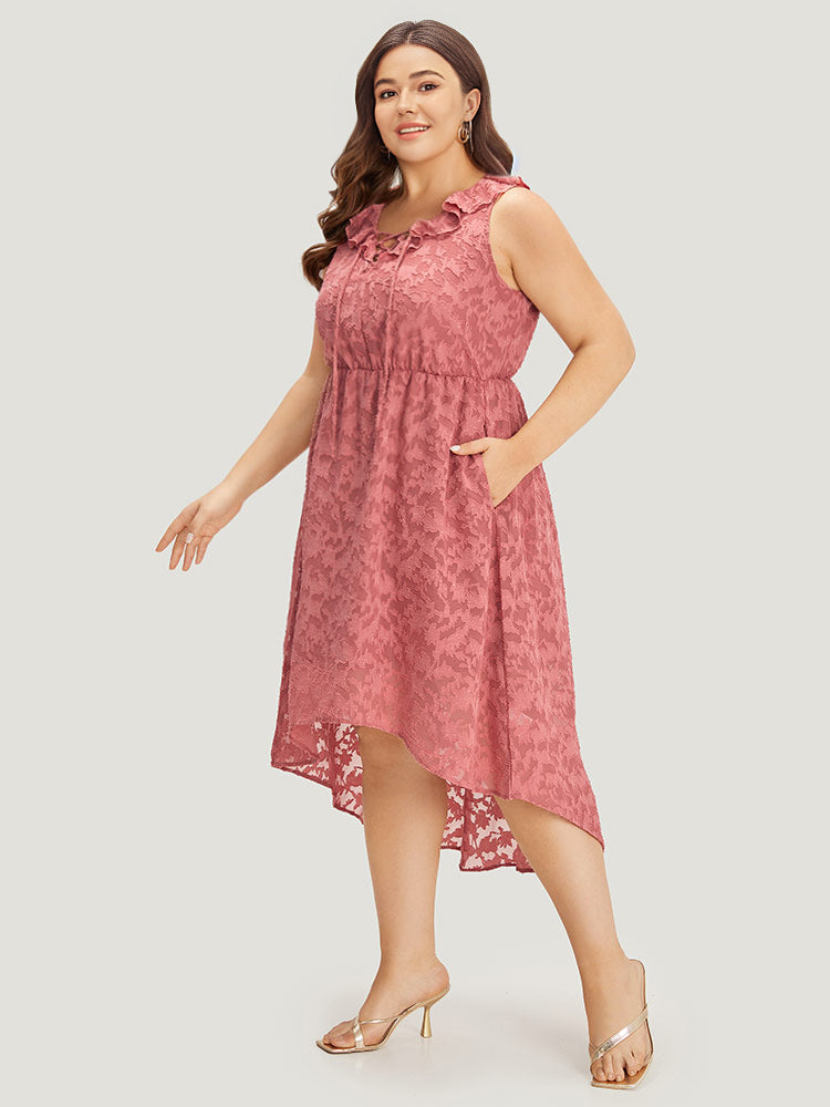 Plain Ruffle Trim Pocket Tie Neck Lace Up Dress