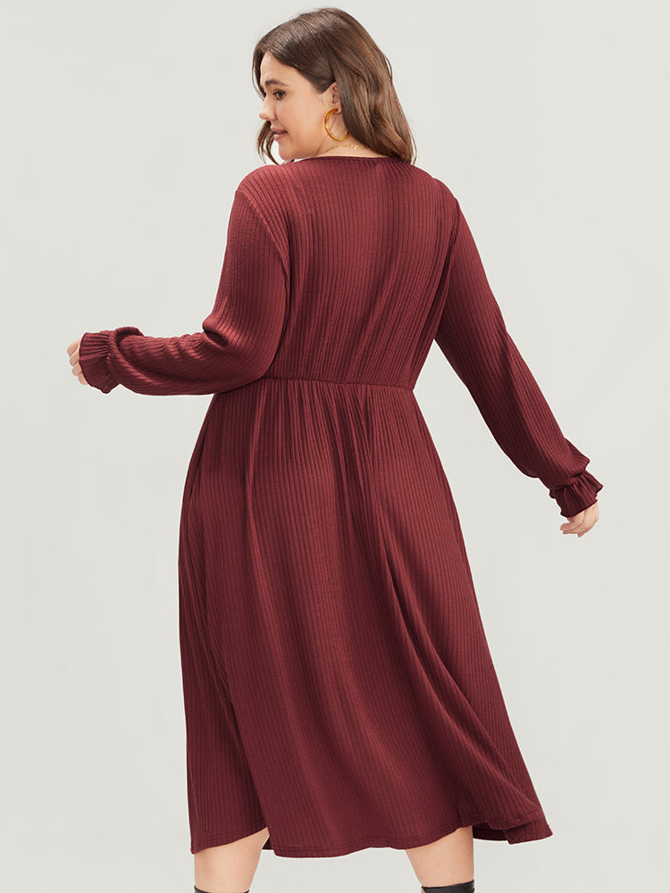 Solid Lantern Sleeve Tie Neck Pocket Rib Knit Dress