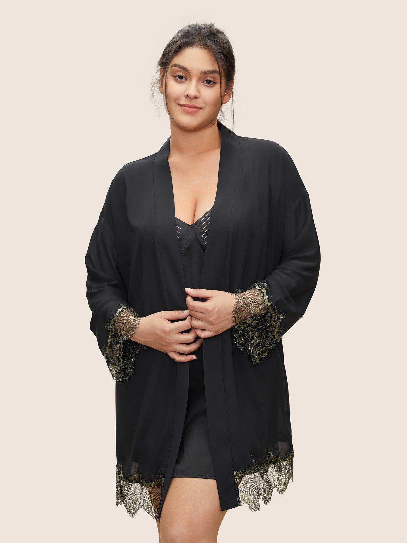 Contrast Lace Trim Belted Robe