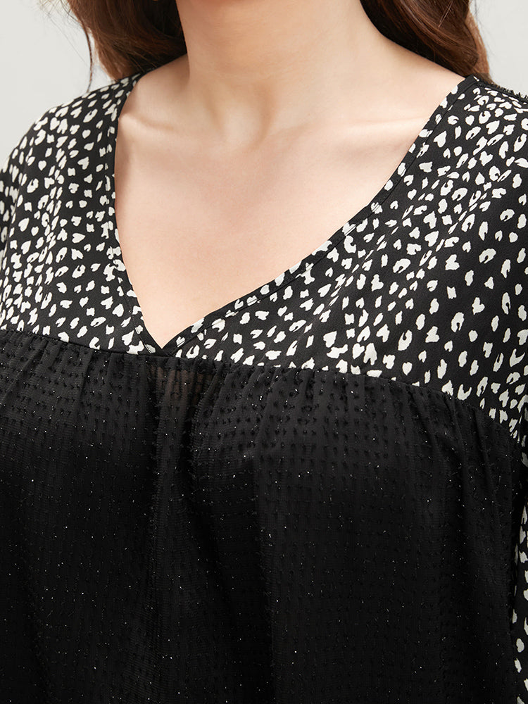 Leopard Patchwork Raglan Sleeve V Neck Blouse