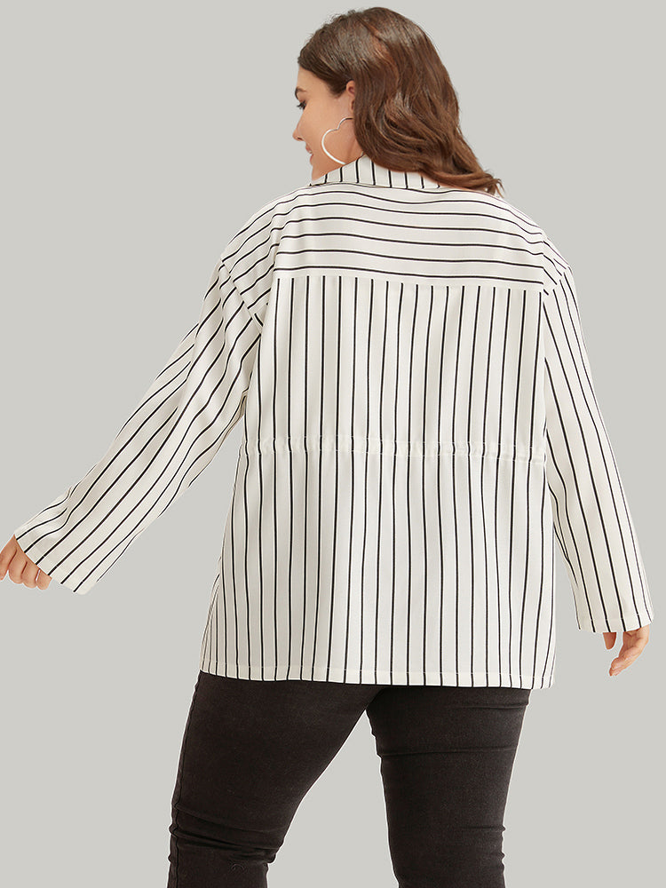 Striped Suit Collar Drawstring Patch Pocket Jacket