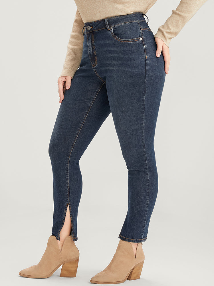 Mom Jeans Skinny Moderately Stretchy High Rise Medium Wash Split Jeans