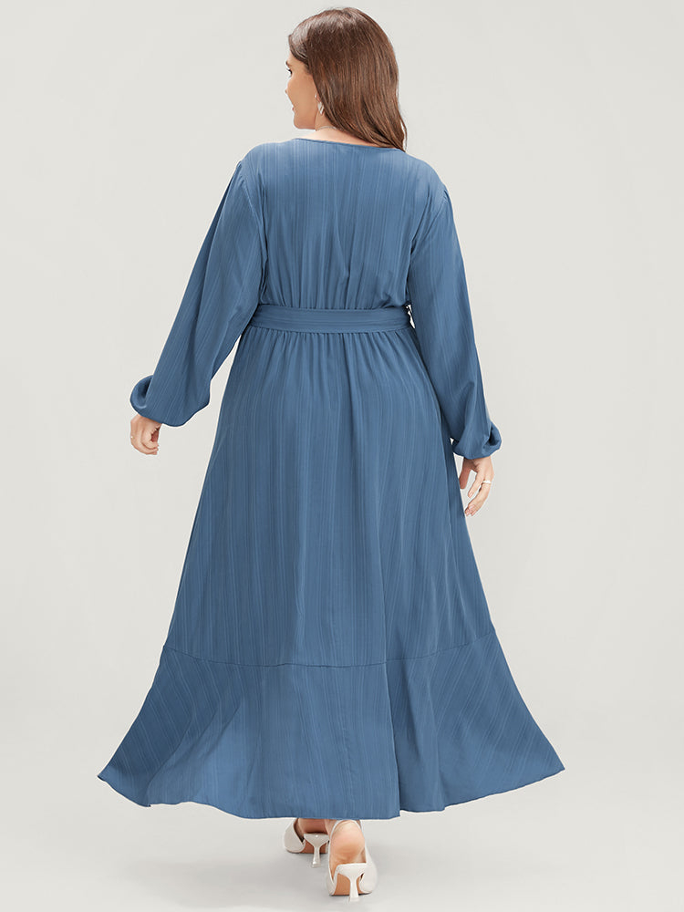 Solid Surplice Neck Lantern Sleeve Pocket Belted Asymmetrical Hem Dress