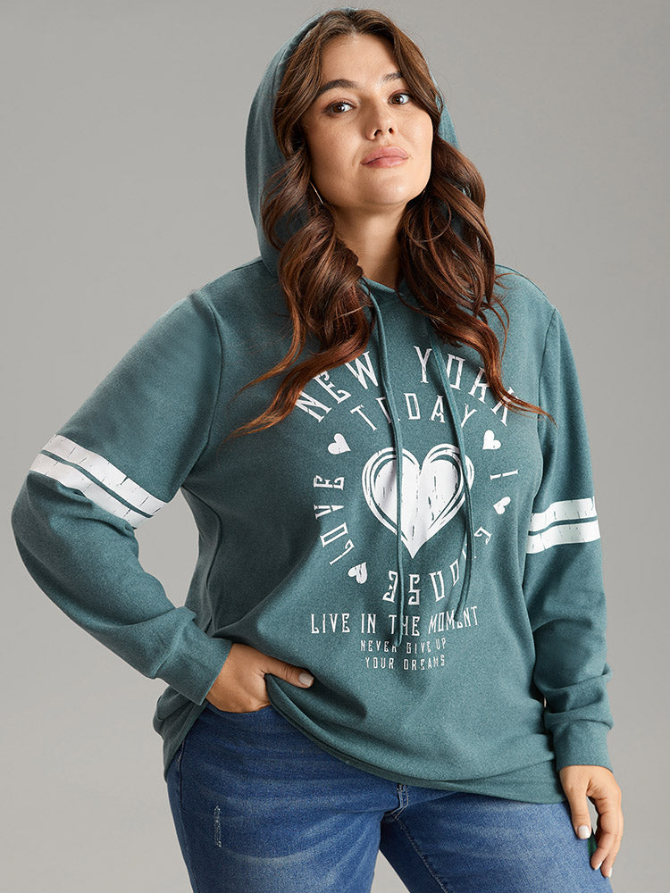 Letter & Heart Print Hooded Drawstring Sweatshirt