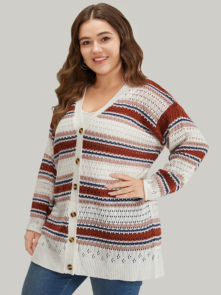 Striped Contrast Pointelle Knit Button Through Cardigan