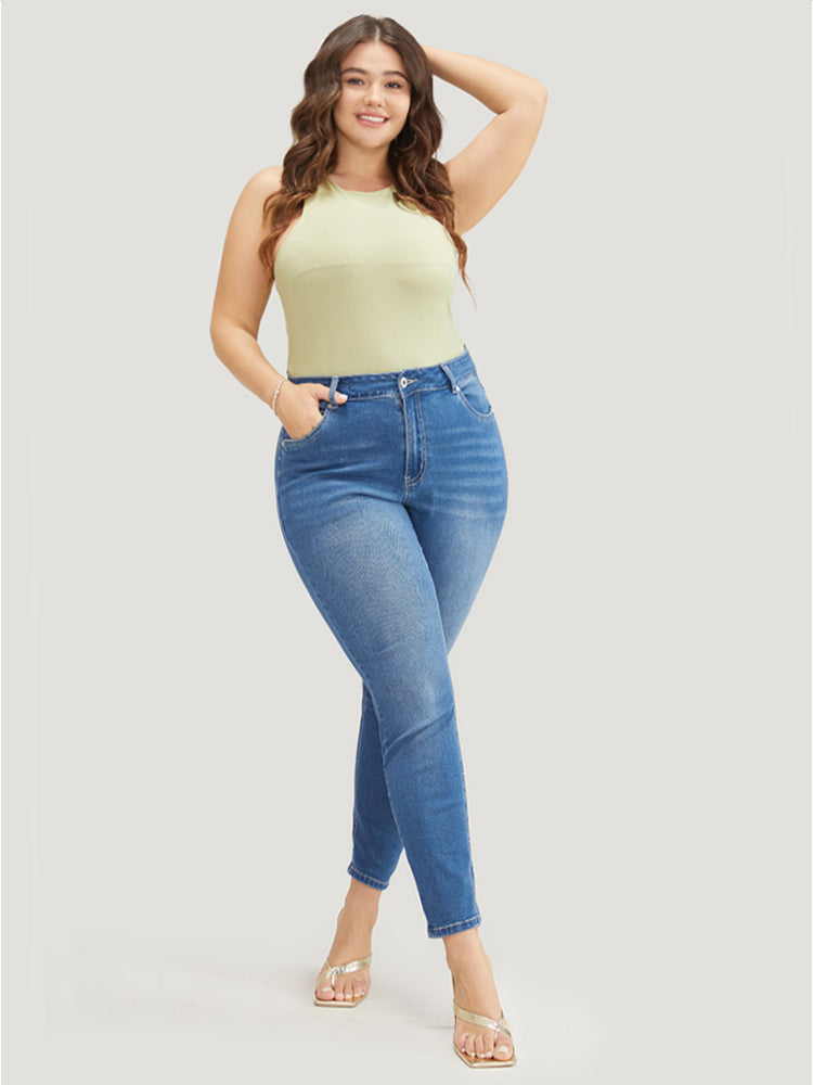 Very Stretchy High Rise Medium Wash Floral Embroidered Jeans