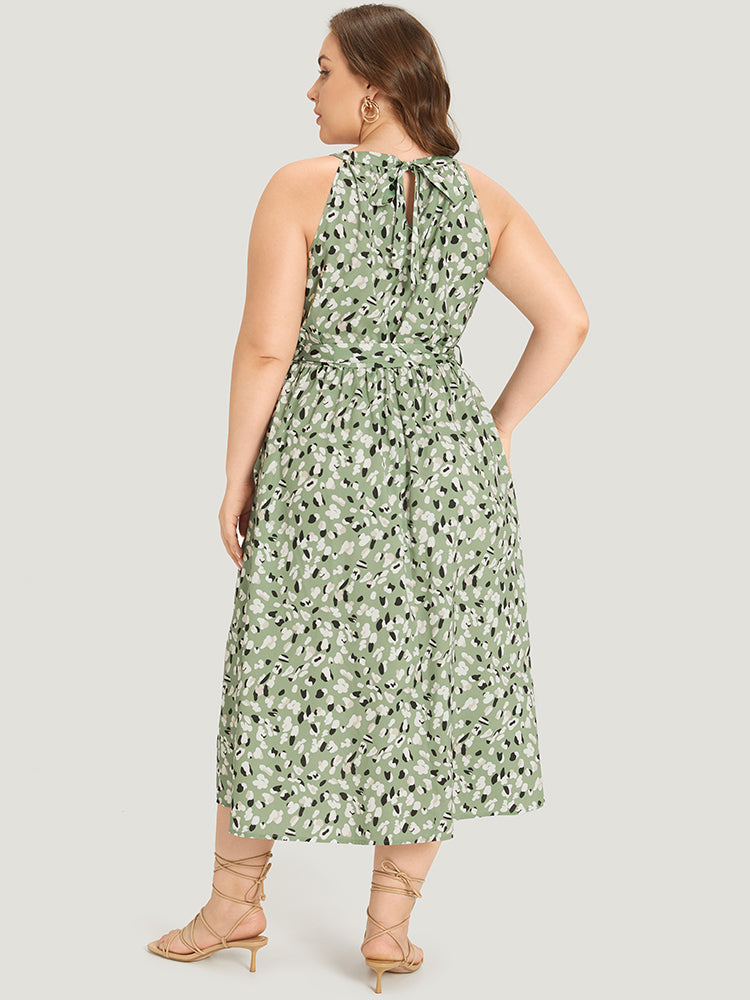 Allover Print Halter Keyhole Pocket Belted Ties Dress
