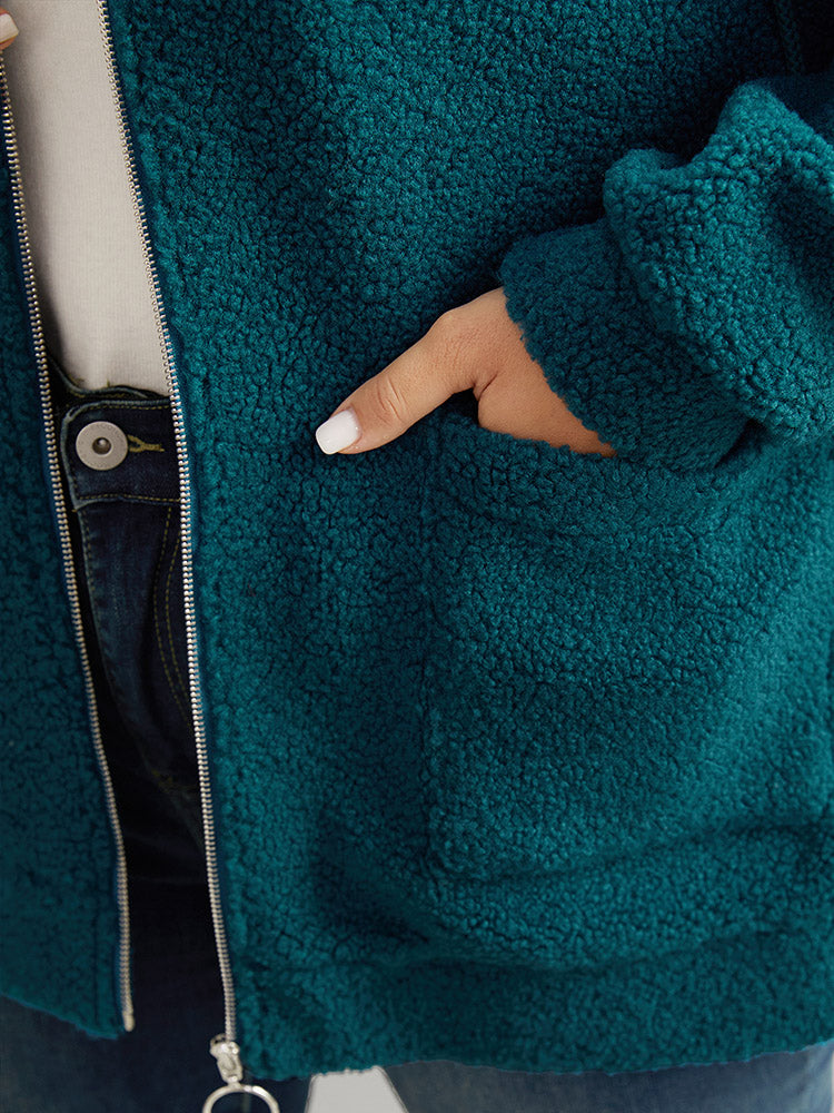 Plain Texture O Ring Zipper Hooded Drawstring Jacket BloomChic