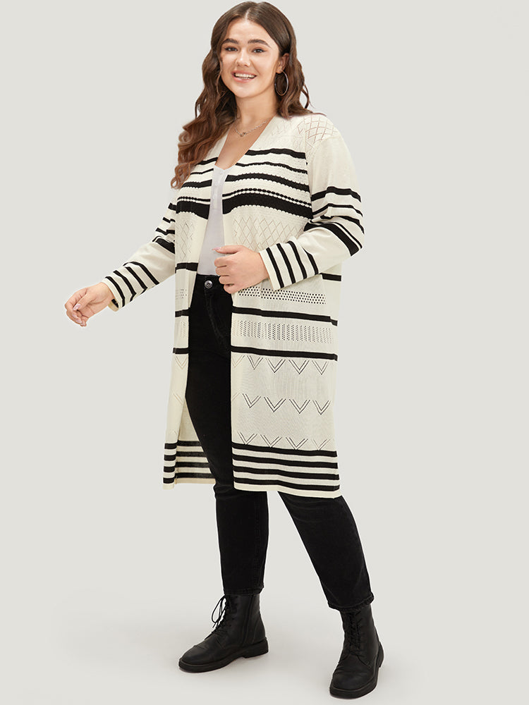 Striped Eyelet Open Front Maxi Cardigan