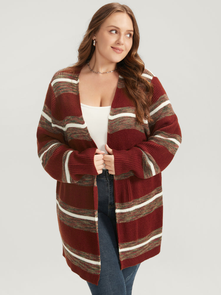 Striped Contrast Pointelle Knit Open Front Heather Cardigan