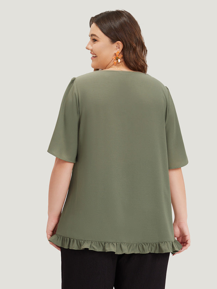 Plain Ruffle Sleeve Knot Neck Frill Trim Woven Top