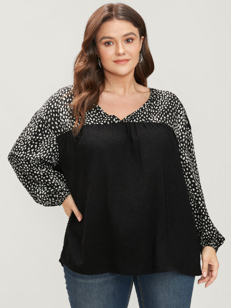 Leopard Patchwork Raglan Sleeve V Neck Blouse