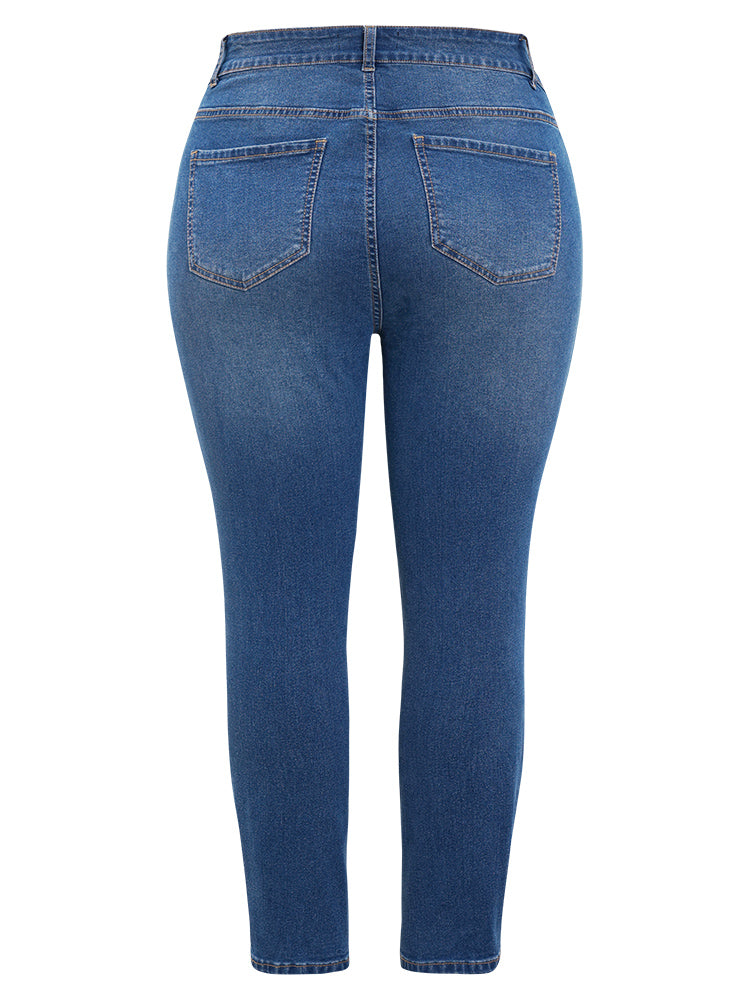 Very Stretchy High Rise Medium Wash Patched Patchwork Jeans