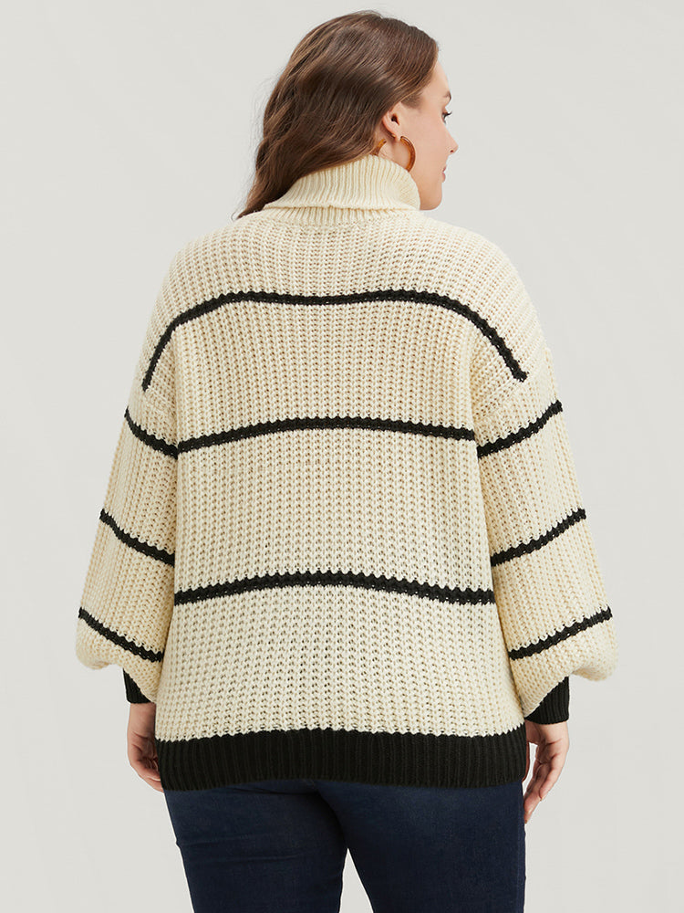 Striped Contrast Pointelle Knit Lantern Sleeve Funnel Neck Knit Top