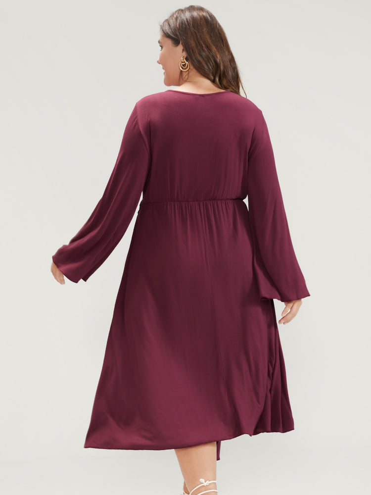 Solid Wrap Knotted Front Pocket Bell Sleeve Asymmetrical Hem Dress