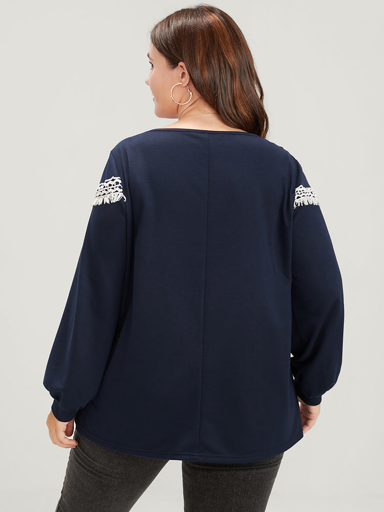 Plain Round Neck Contrast Lace Drop Shoulder Sweatshirt