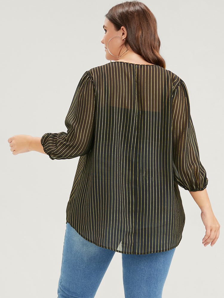 Striped Mesh Lantern Sleeve V Neck Blouse