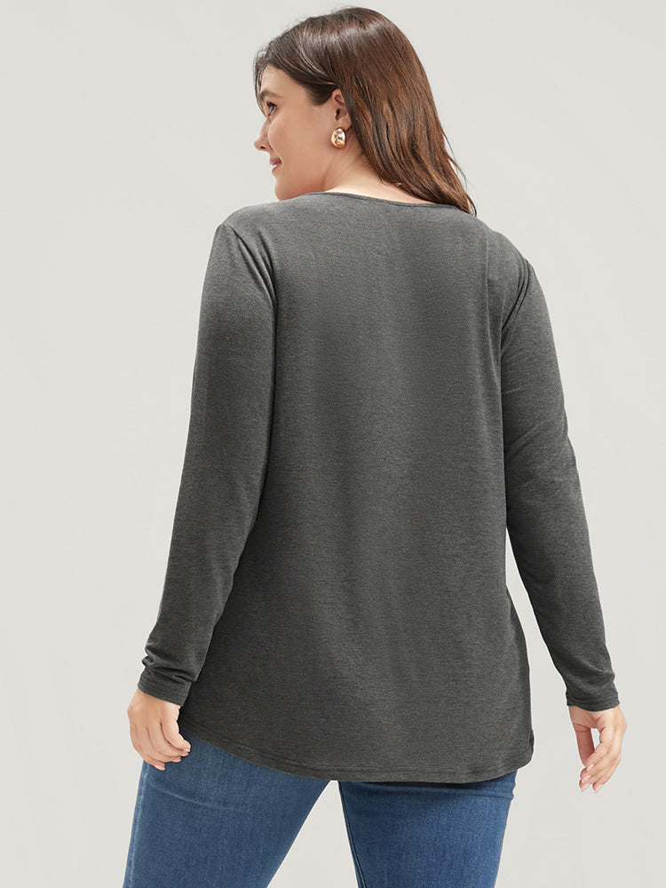Solid V Neck Button Detail Long Tee