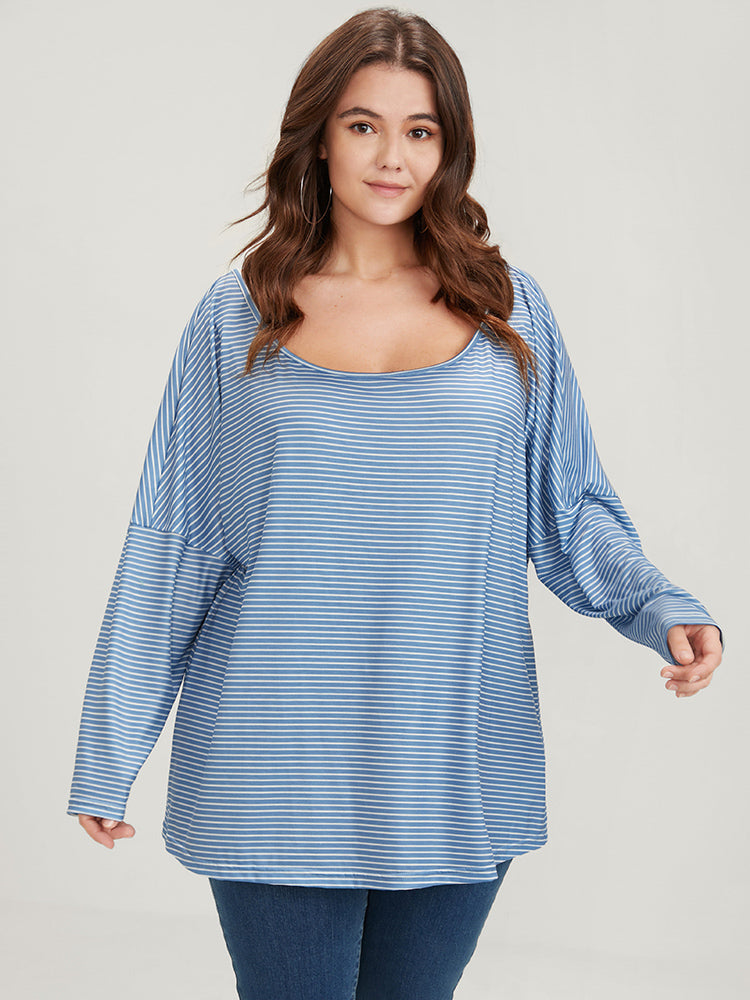 Striped Print Scoop Neck Long Tee