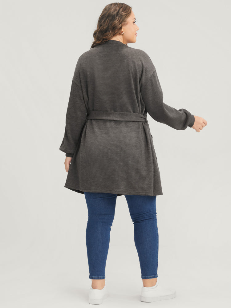 Solid Pocket Belted Open Front Heather Coat